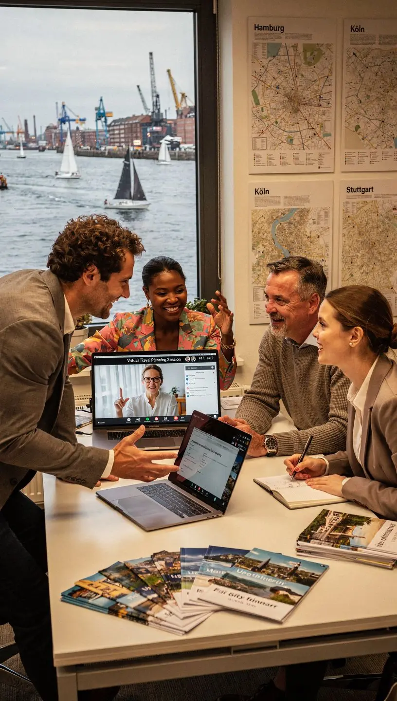 Ausdruck eines sorgfältig gestalteten Reiseplans mit Karten, Zeitplänen und Unterkunftsinformationen für eine mehrstädte Reise in Deutschland.